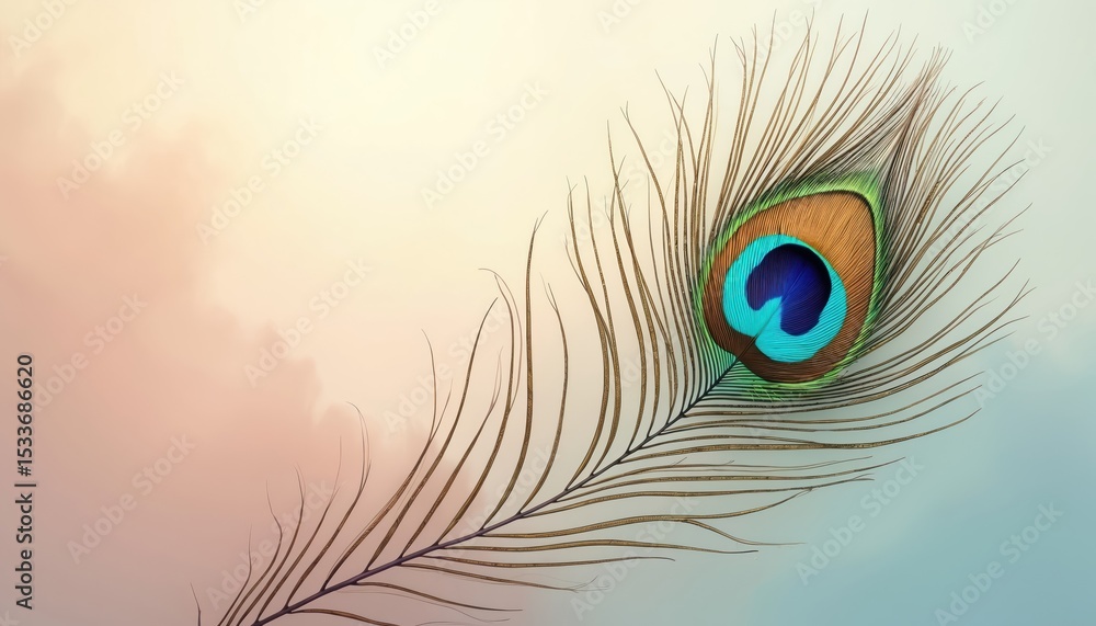 Obraz premium Elegant illustration featuring peacock feather against soft pastel background. Vibrant colors combined with delicate details. Art design expresses beauty, grace, elegance. Perfect for prints, decor,