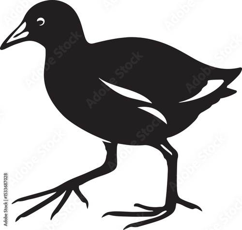 Waterhen simple silhouette bird design, Minimal wetland bird black and white art