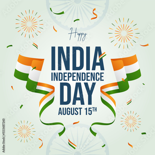 India Independence Day August 15th. Happy India Independence Day with waving ribbon flag fireworks on isolated background