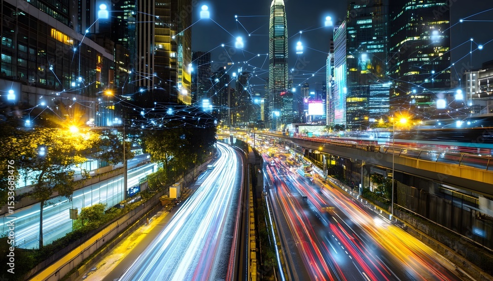 Naklejka premium City streets at night with a network overlay.