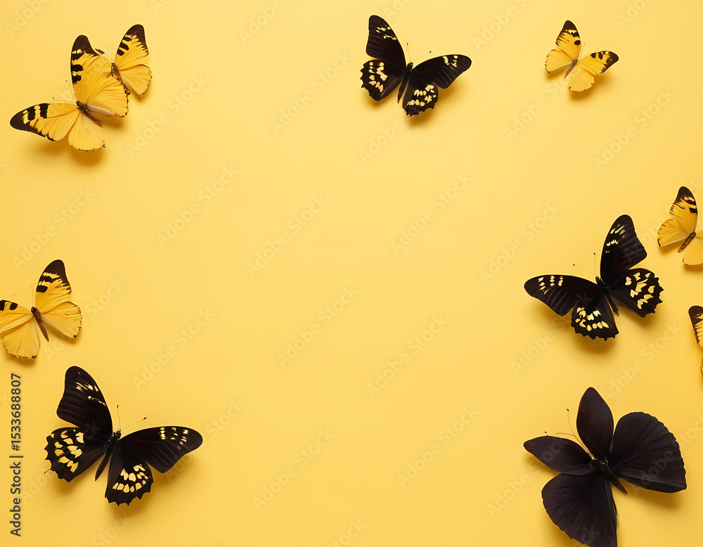 Obraz premium Yellow butterflies and white flowers on a pastel yellow background with free space for copy text