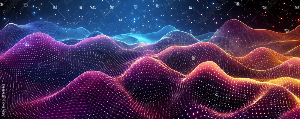 Fototapeta premium Technology modern background with connected dots on 3D wave landscape. Data science, particles, digital world, virtual reality, cyberspace, metaverse concept. . dots connected on the background