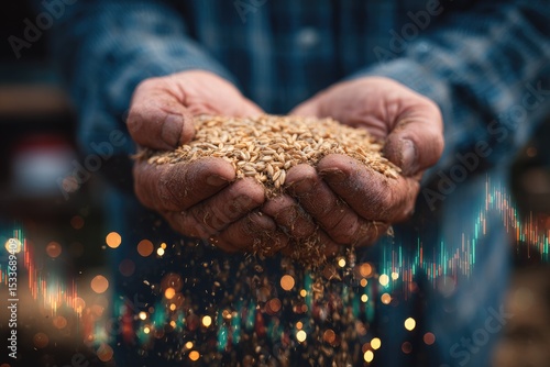 Weathered hands gently cradle and release a small pile of golden grains against a bokeh background overlaid with subtle stock market graphs