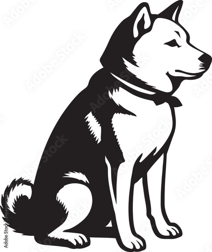 Sitting Japanese spitz dog silhouette, Elegant pet dog black and white sketch