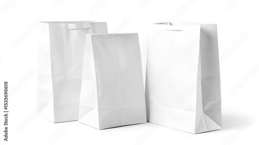 Three blank white paper shopping bags of varying sizes sit on a white background Three blank white paper shopping bags of varying sizes sit on a white background