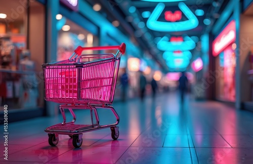 Wallpaper Mural Futuristic shopping cart with neon lights illuminates mall aisle. Creates vibrant modern retail environment. Neon glow shopping concept. Stylish consumerism. Commerce, purchase, buy. Torontodigital.ca
