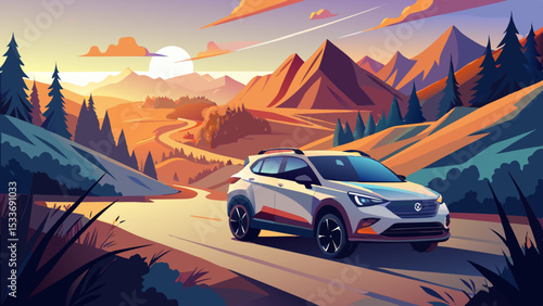 Aachen, Germany - August 26, 2019: Seat Arona small SUV car in european mountain landscape road at sunset