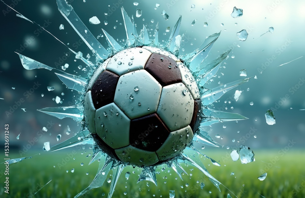 Naklejka premium Soccer ball shatters glass pane in mid-air. Broken glass pieces fly outward. Symbolizes strength, impact, sport. Football game, abstract design. High speed action shot, blur, green grass background.