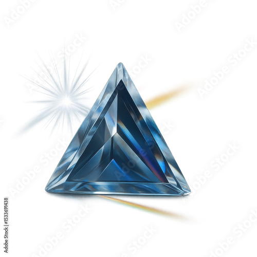 Precious blue triangular diamond reflects brilliant rainbow spectrum. beautiful gem shows bright lens flare and glowing light effect on simple transparency background
