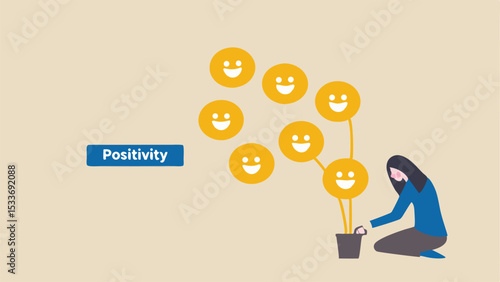Woman tending to a pot with smiley face balloons next to a positivity label on the background
