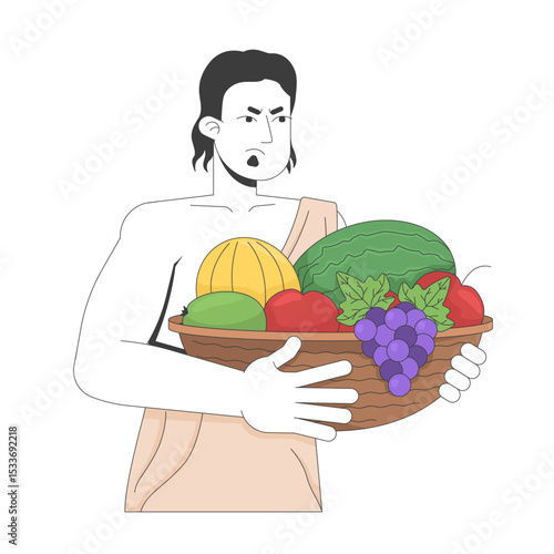 Displeased ancient man in toga holding fruit basket 2D cartoon bible character. Old testament. Biblical farmer offering food abundance flat vector person isolated on white. Spot illustration colorful