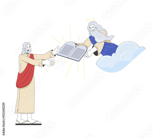 Moses receiving ten commandments from God 2D cartoon bible characters. Divine figure in clouds handing stone tablets to robed man flat vector people isolated on white. Spot illustration colorful