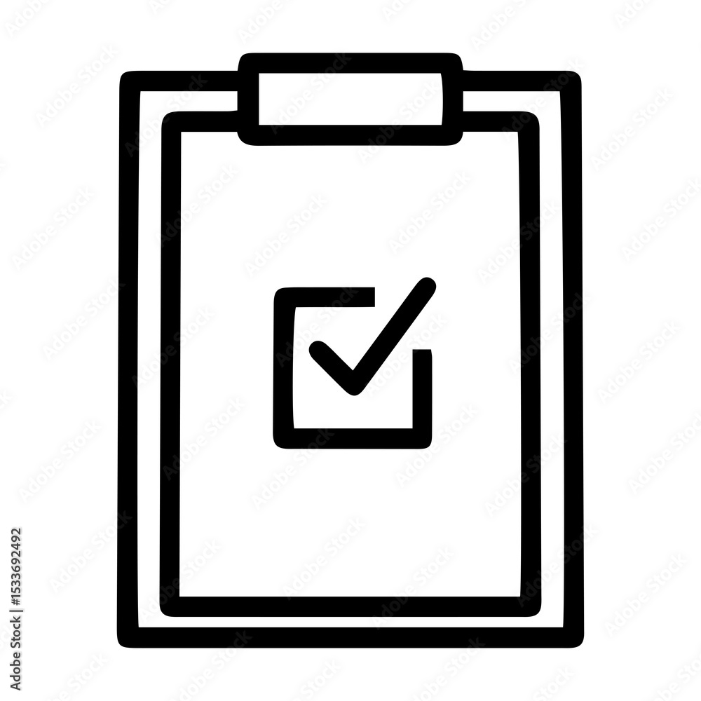 Outline style image depicts a clipboard with a paper attached, features a single prominent square checkbox containing a checkmark, symbolizing completion or approval. Related to verification Outline style image depicts a clipboard with a paper attached, features a single prominent square checkbox containing a checkmark, symbolizing completion or approval. Related to verification