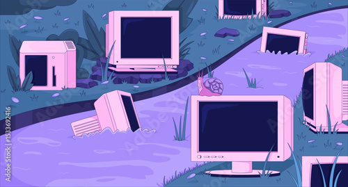 Abandoned CRT monitors in grassy stream lofi wallpaper. Nature reclaiming. Slow technology. Outdated computers swamp 2D cartoon flat illustration. Vector art image lo fi aesthetic color background