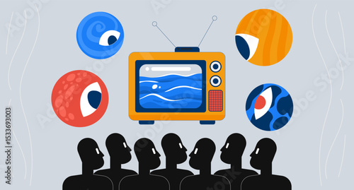 Audience watching television with surreal planetary eyes 2D illustration concept. Retro TV cosmic viewers. Media influence cartoon conceptual abstract vector art. Flat metaphor on grey background