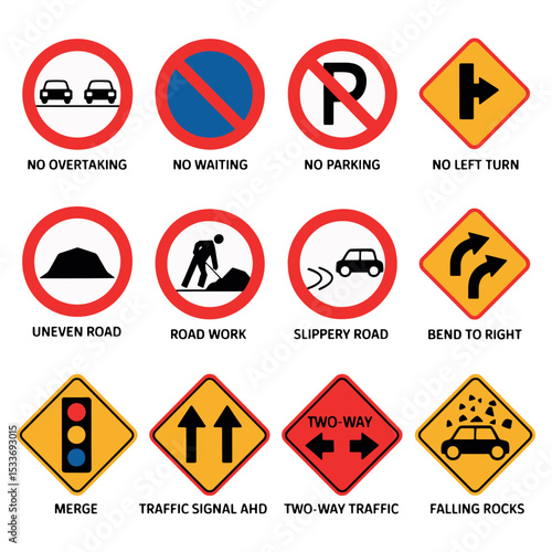 Free Download Road Sign Vector Icon Set – Traffic Safety and Warning Symbols - GFXLoad