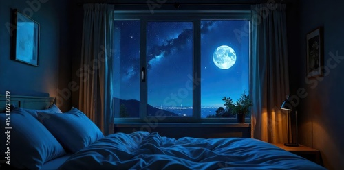 Dark, starlit night sky visible through a bedroom window, moonlight illuminating a textured ceiling Perfect for relaxation, sleep, and celestial themes , relaxation, astronomy