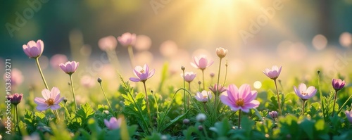 Ephemeral beauty of mist flowers clinging to a dewy morning meadow, sunlight filtering through delicate petals A stunning display of nature's artistry in soft, pastel hues , morning, macro