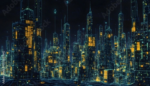 Wallpaper Mural Futuristic city skyline at night, illuminated by glowing lines. Torontodigital.ca