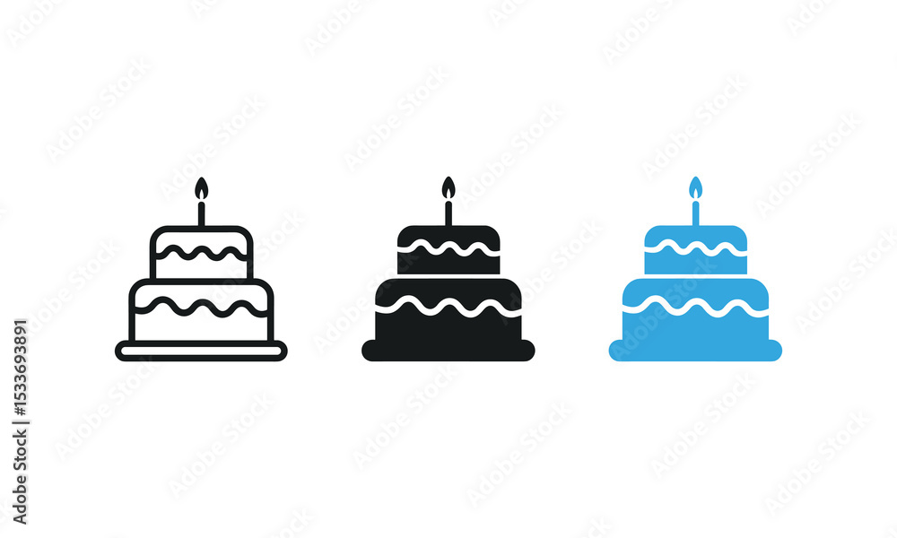 Set of Birthday Cake Icons in Black Blue and White Representing Celebration and Parties Set of Birthday Cake Icons in Black Blue and White Representing Celebration and Parties