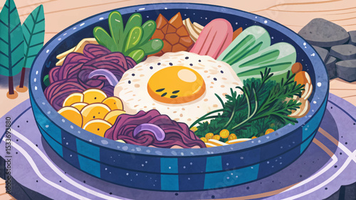 Korean bibimbap served in a hot stone bowl with colorful vegetable toppings, egg, and rice – authentic Asian cuisine concept