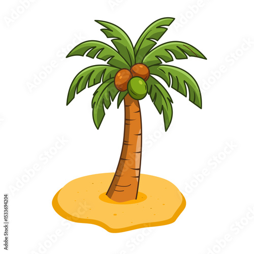 Vector Illustration Of Coconut Tree On Beach Sand with Coconut Fruit  Cartoon Design
