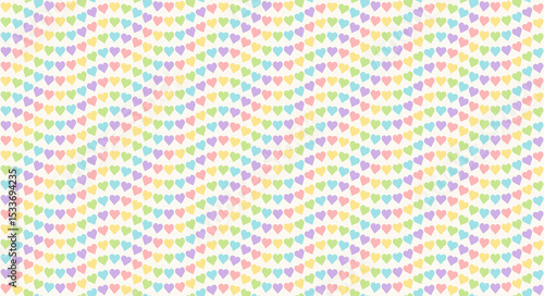 Wavy Rainbow Heart Mosaic, seamless vector pattern with colorful hearts in pastel candy rainbow palette. Perfect for backgrounds, textiles, and festive banner designs, spreads love and joy