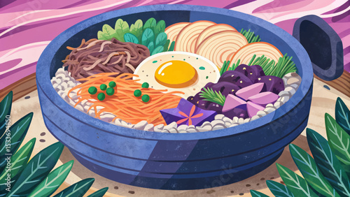 Korean bibimbap served in a hot stone bowl with colorful vegetable toppings, egg, and rice – authentic Asian cuisine concept