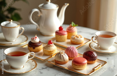 Wallpaper Mural Elegant afternoon tea setup with porcelain cups, teapot, assortment gourmet pastries on marble table. Refined high class leisure activity. Sophisticated table setting with gold accents. Decadent Torontodigital.ca