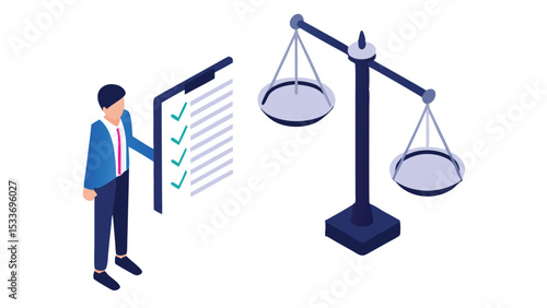Isometric view of a man with checklist and balance scale representing fairness and compliance matters