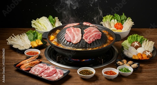 Delicious Asian BBQ Hot Pot Dinner with Meat Seafood and Vegetables