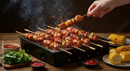 Delicious Grilled Meat Skewers with Vegetables on a BBQ Grill smoky and appetizing