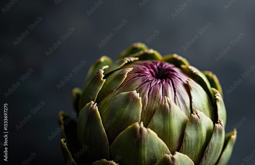Fototapeta premium Close-up artichoke. Fresh raw Italian vegetable on dark background. Healthy natural food for cooking. Floral food photography. Ripe artichoke bud detail.
