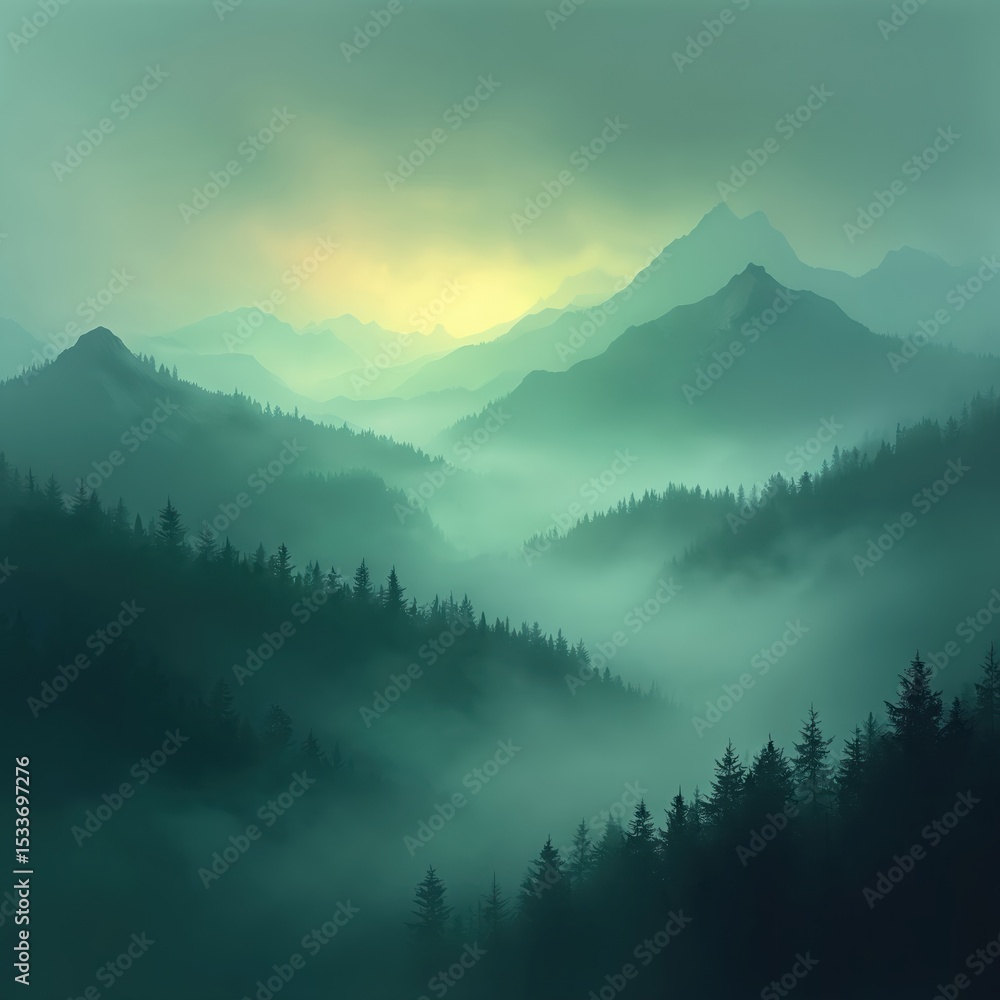 Obraz premium Mysterious mountain landscape with fog. Silhouette of pine forest, epic view of hills, peaks in pastel green blue colors. Misty background, tranquil nature, travel concept, dreamy artistic scenery,