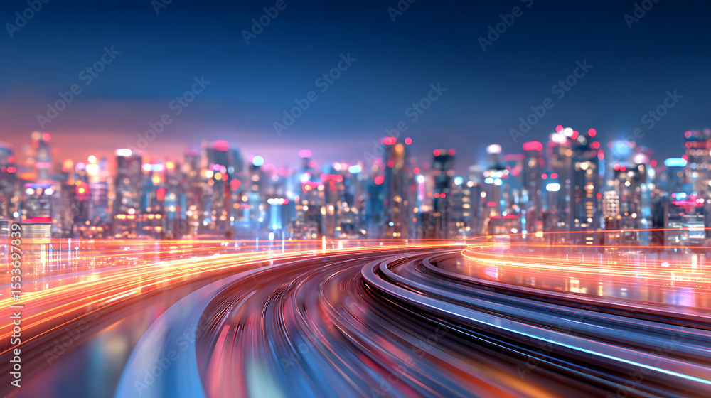 Fototapeta premium 3D Rendering of warp speed in hyper loop with blur light from buildings' lights in mega city at night. Concept of next generation technology fin tech big data 5g fast network machine learni 40877274 1