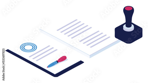Isometric view of legal documents with a pen and a stamp for authentication and approval process