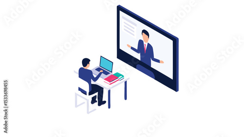 Person attending an online meeting with a presenter on a large screen and working on a laptop computer
