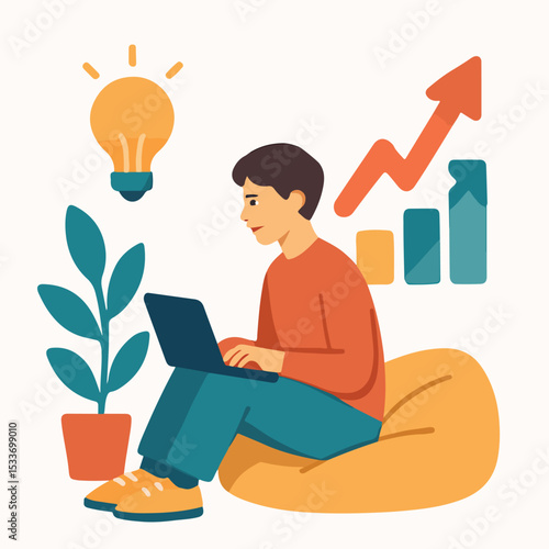 vector of a male businessman checking the progress of his business on a laptop while sitting relaxed