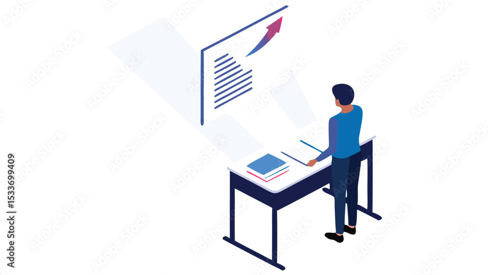 Isometric view of a man standing at a desk with books and a chart showing upward growth arrow Isometric view of a man standing at a desk with books and a chart showing upward growth arrow