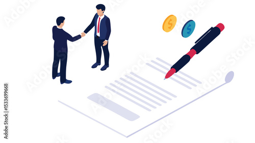 Isometric view of two businessmen shaking hands over a contract with pen and coins nearby