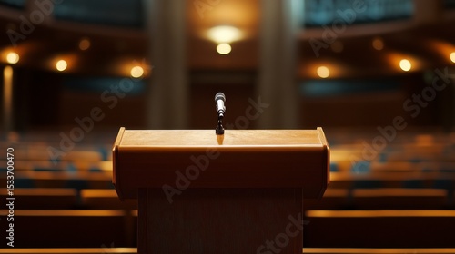 A single microphone on a wooden lectern in a large, empty auditorium.