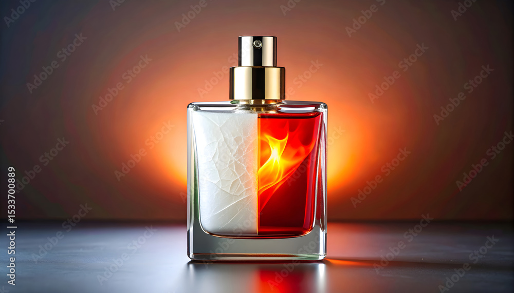 Square perfume bottle with fiery red liquid and gold accents on dramatic gradient background Square perfume bottle with fiery red liquid and gold accents on dramatic gradient background