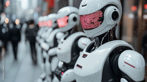 Wallpaper Mural AI-powered humanoid robots patrolling futuristic metropolis, glowing LED circuits Torontodigital.ca