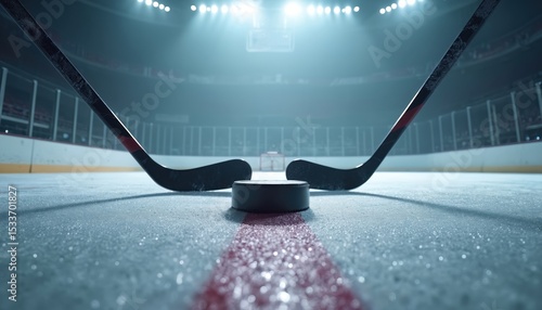 Hockey puck face-off at ice rink. Two sticks, stadium. Winter sports competition, goal, action, players. Sport game challenge, competition. Arena background, spotlights. Cold ice, anticipation of