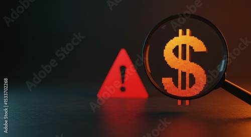 Magnifying glass over digital dollar symbol, red warning triangle in background, gradient from charcoal to orange