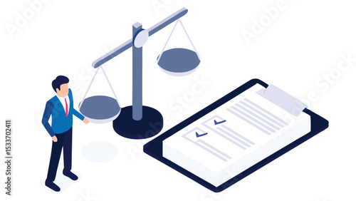 Isometric illustration of a man with scales of justice and a checklist on a clipboard document