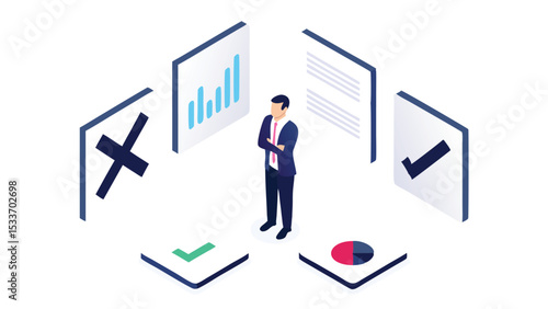Isometric illustration of a businessman making decisions with data and information around him