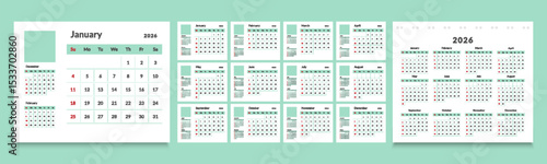 2026 monthly calendar layout with a clean diary planner format. Each month starts on Sunday, ideal for organizing schedules, events, and appointments throughout the year.