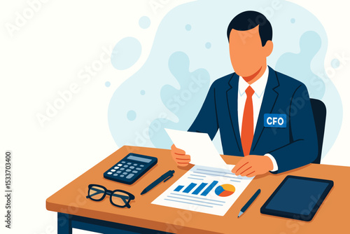 CFO character analyzing financial documents with calculator at modern office desk flat vector illustration