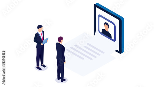 Isometric view of two businessmen looking at a digital cv on a large screen with a portrait image